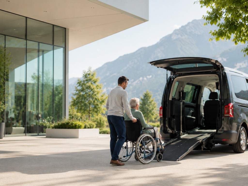 Accompagnement d’une personne en fauteuil roulant vers un véhicule adapté