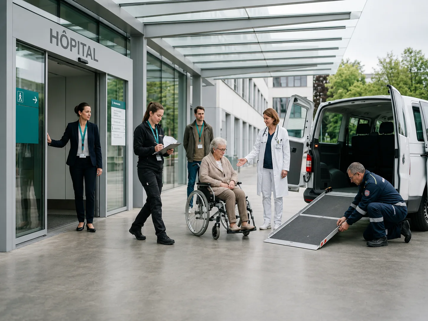 Plusieurs professionnels coordonnent une mission de transport PMR à la sortie d’un hôpital.